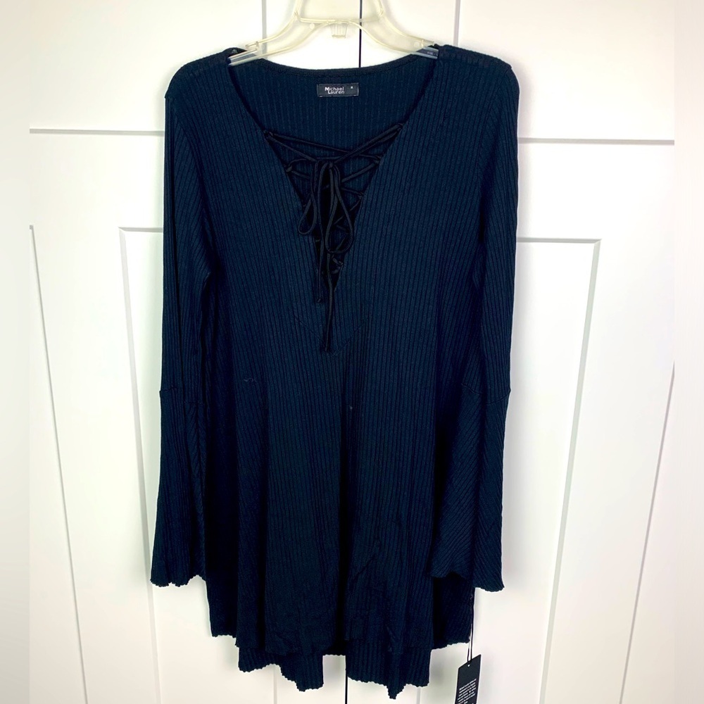 NWT MICHAEL LAUREN S Ribbed Lace Up Bell Sleeve Mini Dress Black witchy mystic